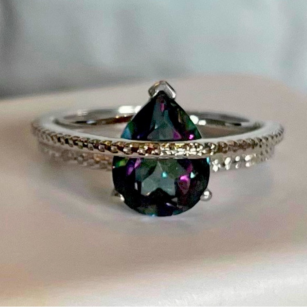 Pear Cut 2.29 ct Mystic topaz & Diamond Ring size 6.5